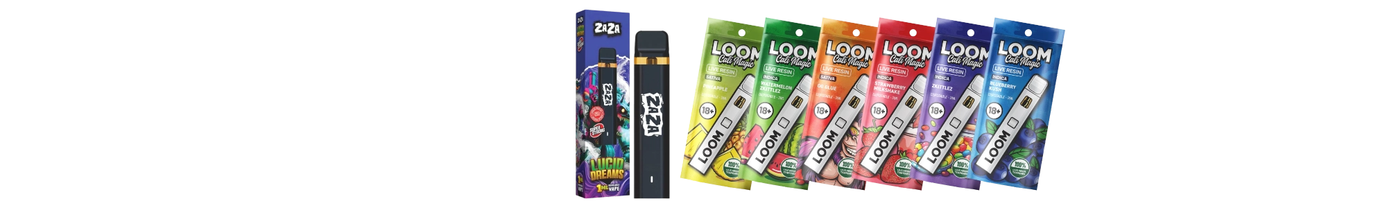 Legal HHC alternatives promotional banner featuring Zaza and Loom Cali Magic vape pens on a teal and dark blue background at eSmokeStore vape shop ireland.