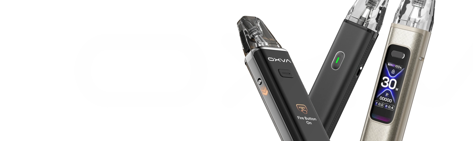 Premium OXVA Xlim series vape kits showing sleek refillable designs and smart OLED screens on a peach and purple background at eSmokeStore vape shop ireland.