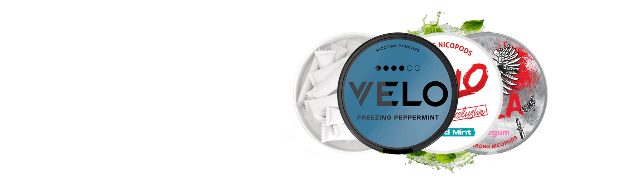 Zero Smoke nicotine pouches and nicopods featuring Velo Freezing Peppermint on a teal and dark blue gradient background at eSmokeStore vape shop ireland.